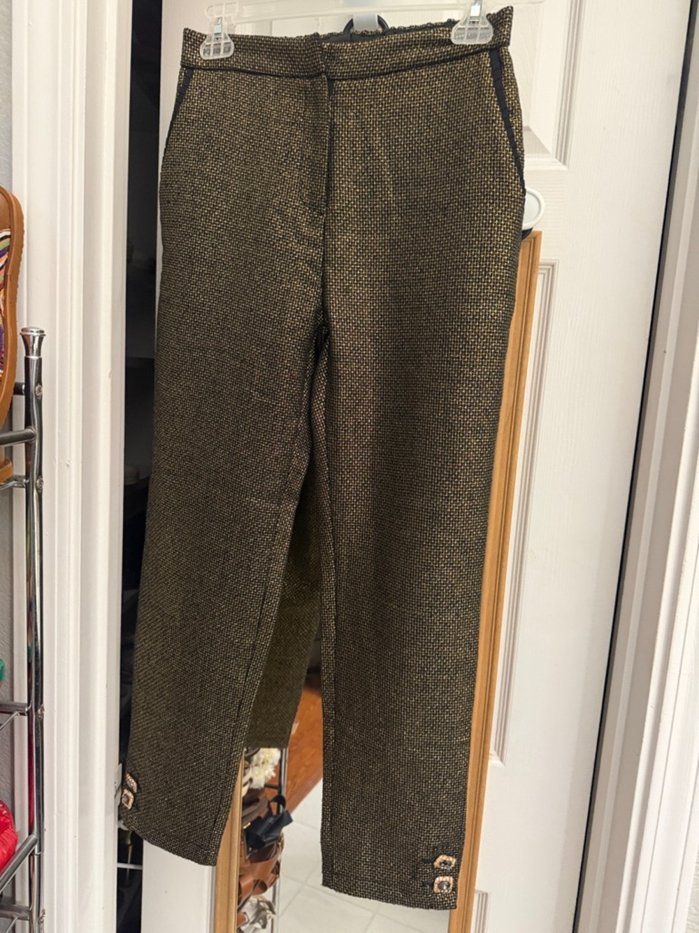 Sister Jane Metallic Tweed Look Dress Pants with Crystal buttons on ankles